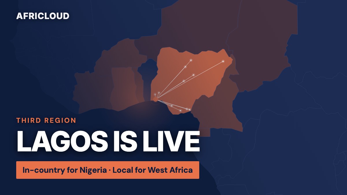 Map of West Africa with the AFRICLOUD Lagos region lit and reach lines to Accra, Abidjan, Ouagadougou and Douala; text reads Lagos is live, in-country for Nigeria, local for West Africa