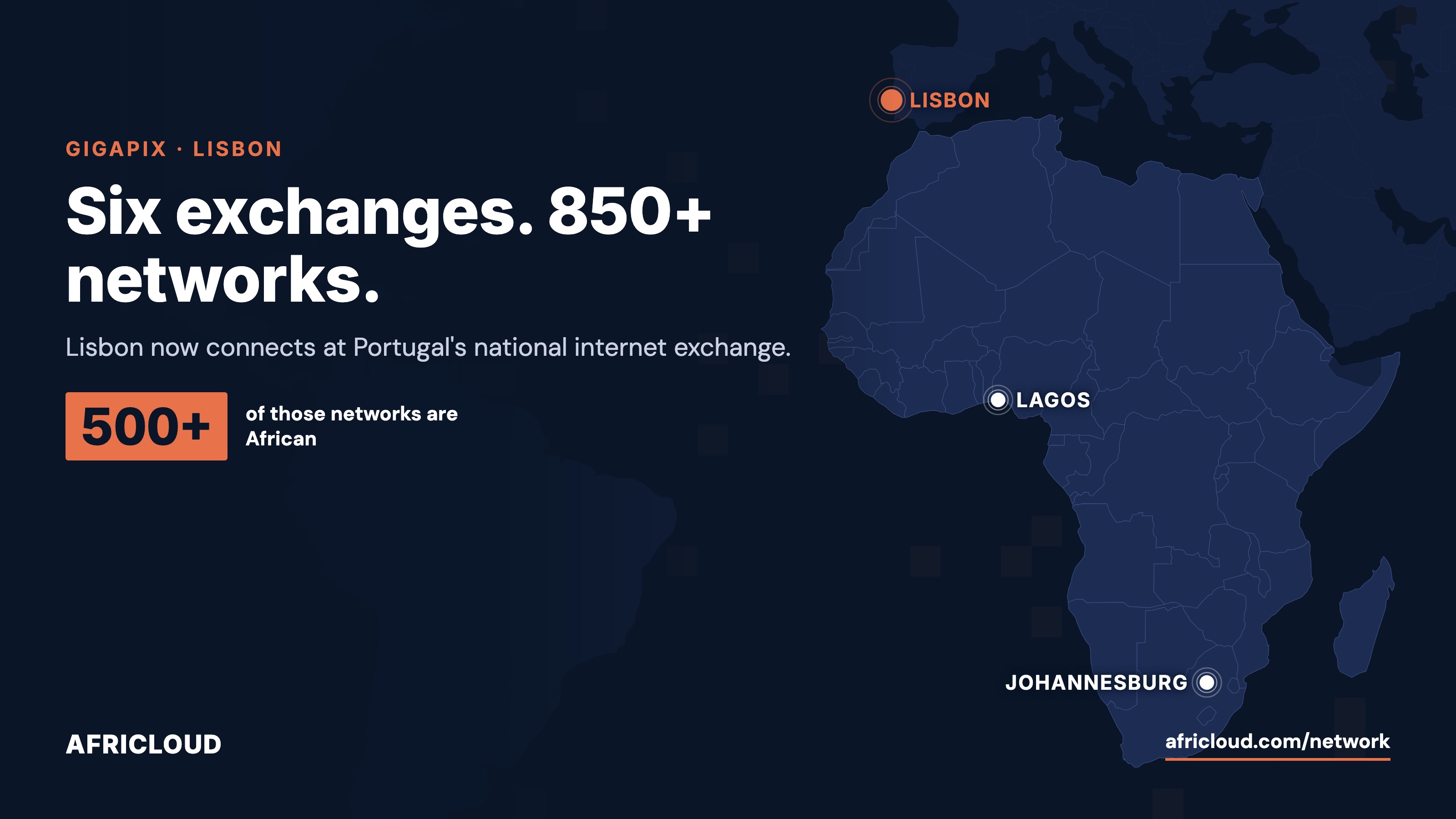 Map of AFRICLOUD regions in Lisbon, Lagos and Johannesburg, with Lisbon highlighted: six internet exchanges, 850+ networks