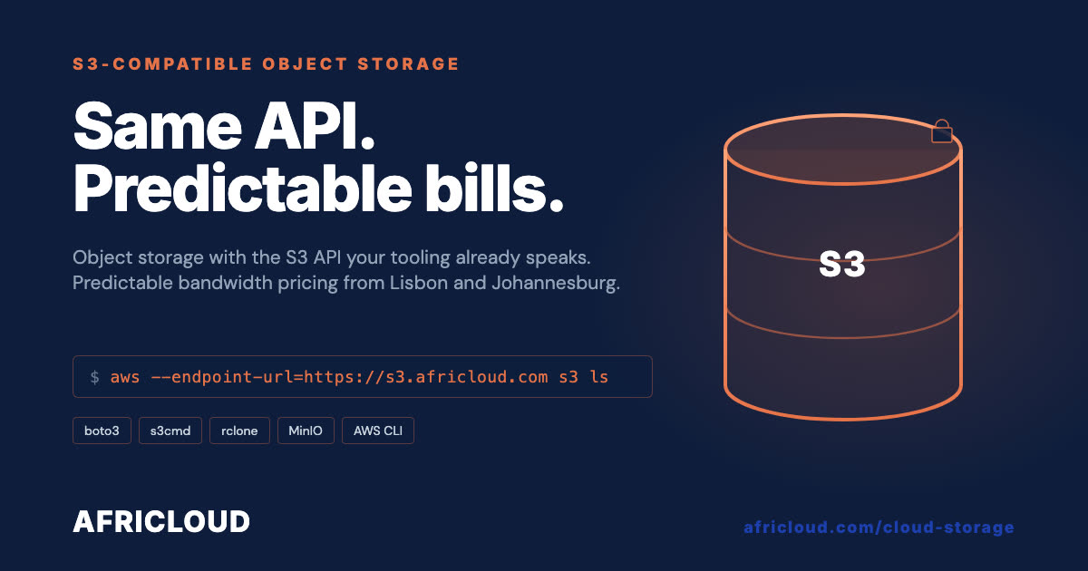 Object storage with the S3 API your tooling already speaks. Predictable bandwidth pricing from AFRICLOUD Lisbon and Johannesburg.
